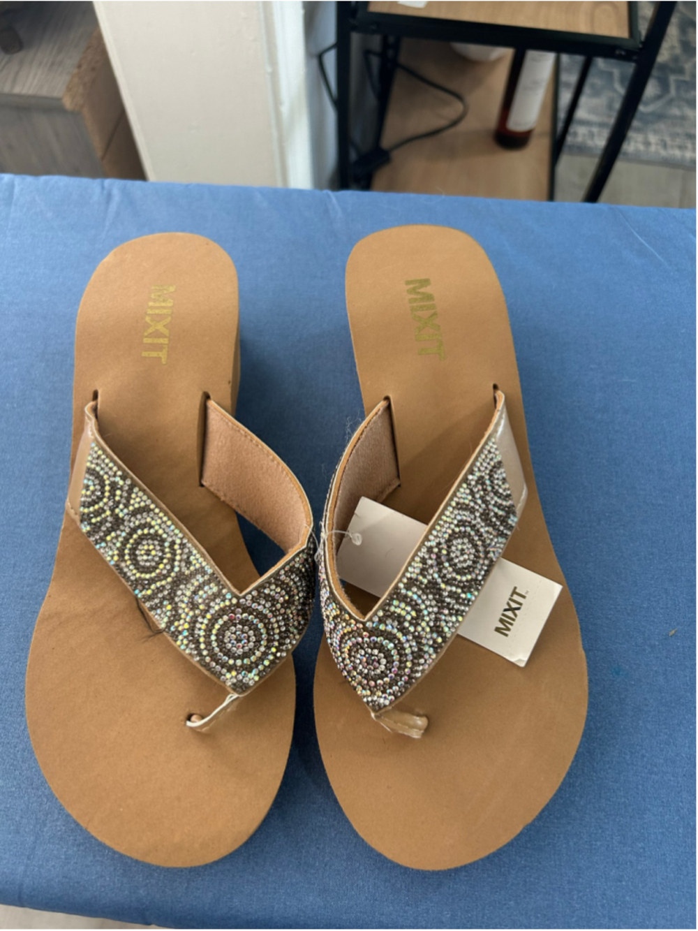 Women's Mixit Wedge Sandals Size 7 Beige and Silver Rhinestone